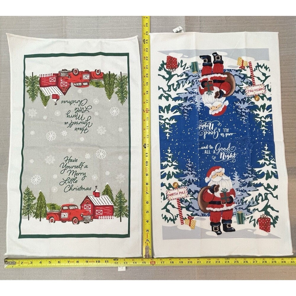 Lot of 2 Merry Christmas Kitchen Towels Santa Red Truck Barn Holiday Decor - Picture 7 of 11